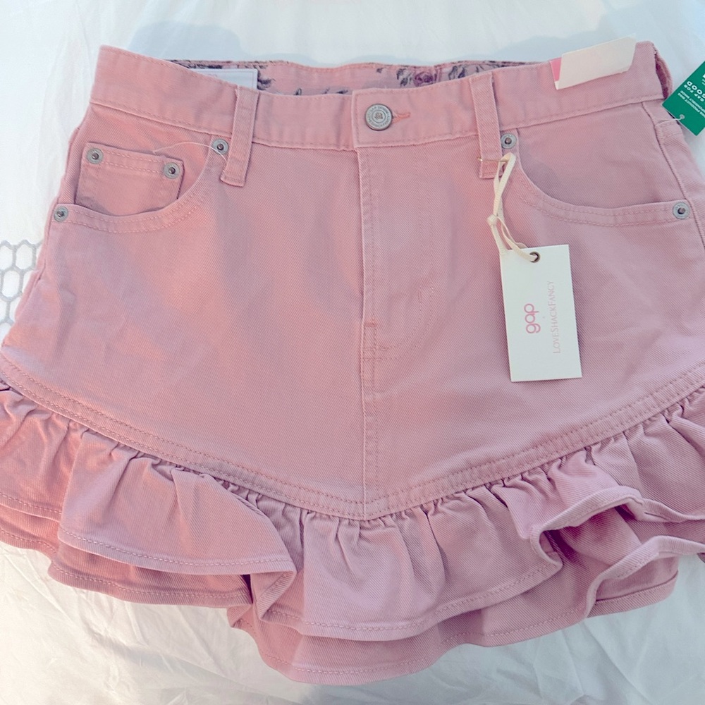 Love Shack Fancy for Gap ruffle? pink denim mini skirt. Size 25 NWT